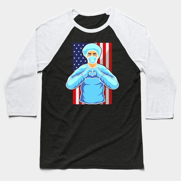 Nurse USA Flag Nursing Hospital Medicine Heart Baseball T-Shirt by Foxxy Merch